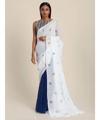 Suta White  Blue Handblock Printed Saree 1
