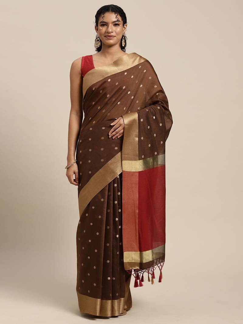 Brown woven art silk saree with blouse