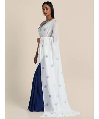 Suta White  Blue Handblock Printed Saree 3