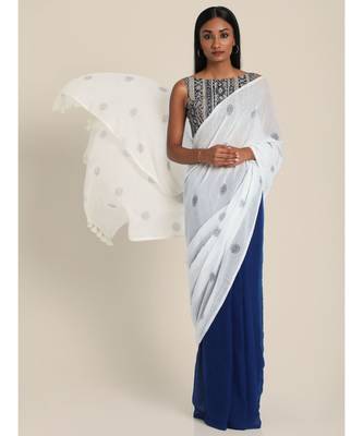 Suta White  Blue Handblock Printed Saree 5