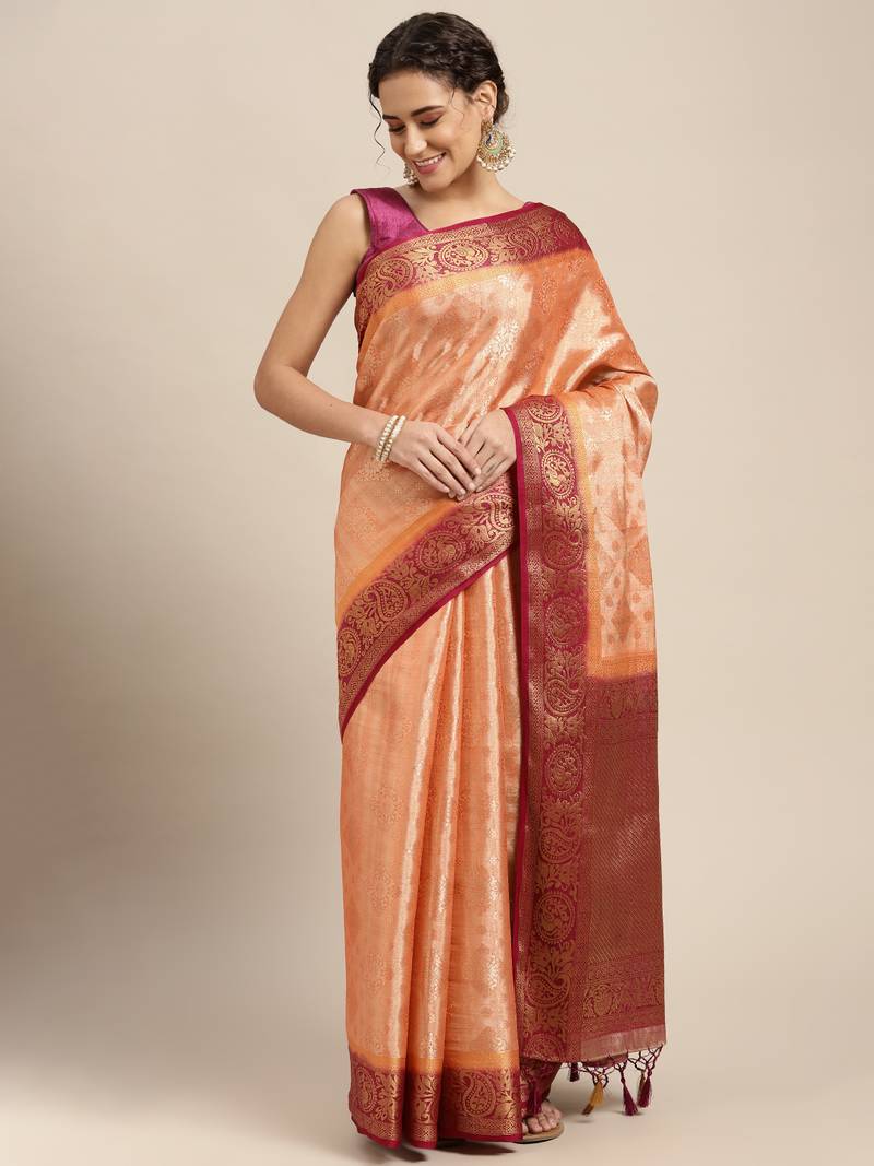 Orange woven art silk saree with blouse