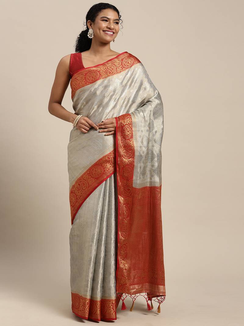 Grey woven art silk saree with blouse