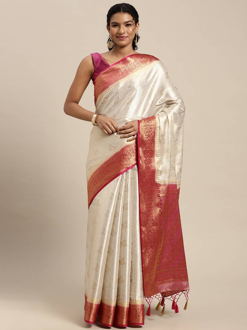 White woven art silk saree with blouse