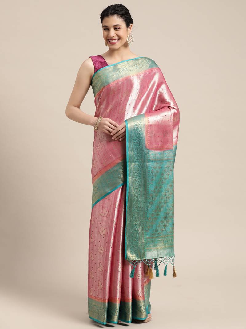 Pink woven art silk saree with blouse