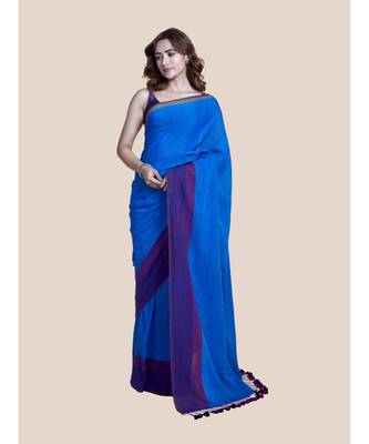 Suta Blue  Purple Pure Cotton Solid Saree 1