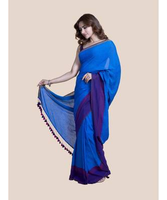 Suta Blue  Purple Pure Cotton Solid Saree 2