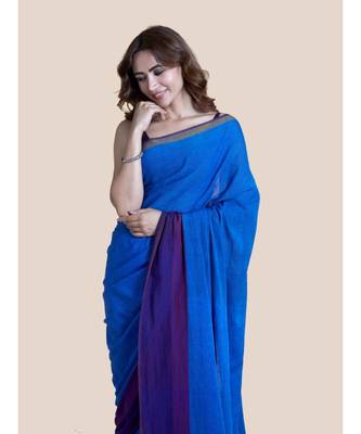 Suta Blue  Purple Pure Cotton Solid Saree 4