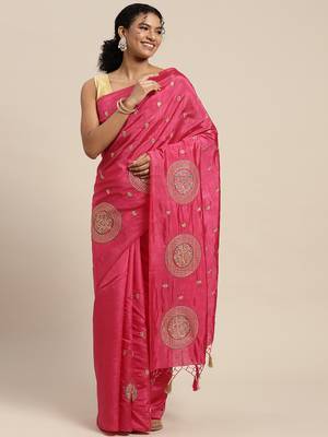 Pink woven art silk saree with blouse 1