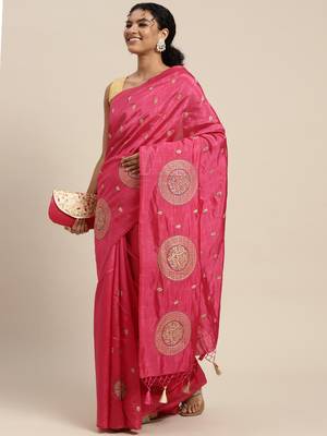 Pink woven art silk saree with blouse 2