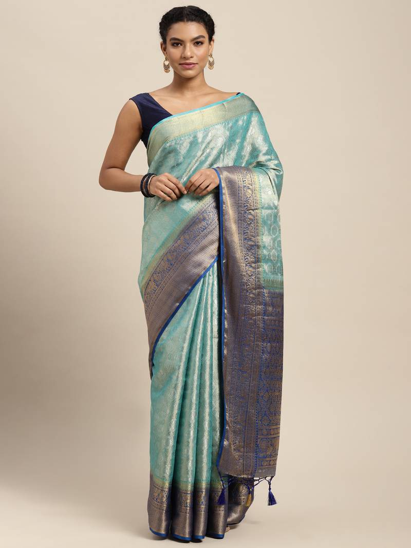 Turquoise woven art silk saree with blouse