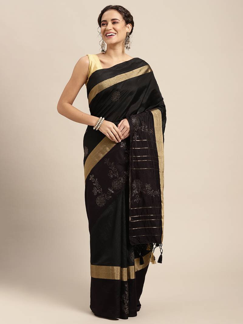 Black woven art silk saree with blouse