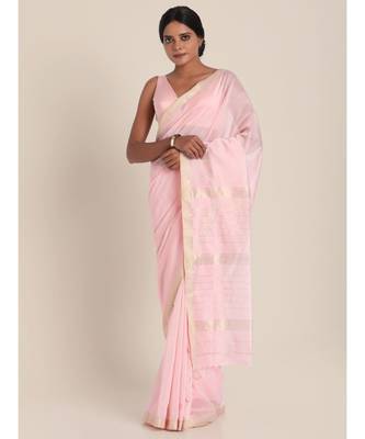 Suta Women Pink  Silver-Toned Solid Cotton Silk Saree 1