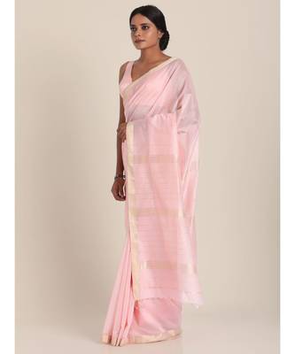 Suta Women Pink  Silver-Toned Solid Cotton Silk Saree 3