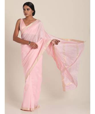 Suta Women Pink  Silver-Toned Solid Cotton Silk Saree 5