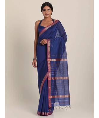 Suta Women Blue  Silver-Toned Solid Cotton Silk Saree 1