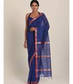Suta Women Blue  Silver-Toned Solid Cotton Silk Saree