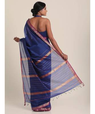 Suta Women Blue  Silver-Toned Solid Cotton Silk Saree 2