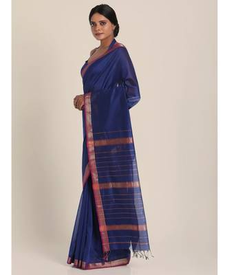 Suta Women Blue  Silver-Toned Solid Cotton Silk Saree 3