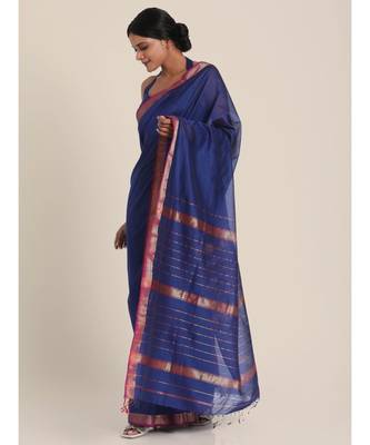 Suta Women Blue  Silver-Toned Solid Cotton Silk Saree 5
