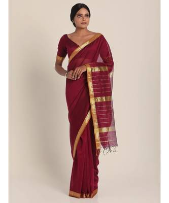 Suta Burgundy  Golden Maheshwari Silk Saree 1