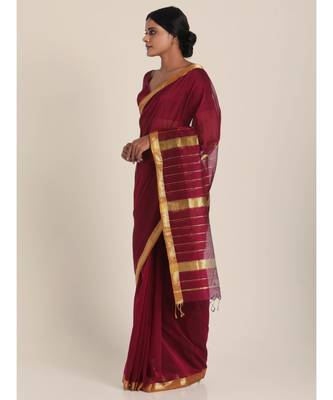 Suta Burgundy  Golden Maheshwari Silk Saree 3