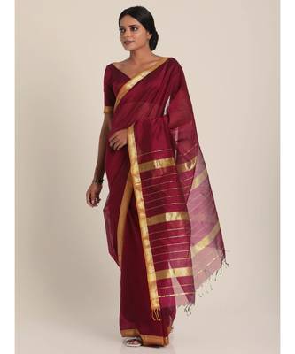Suta Burgundy  Golden Maheshwari Silk Saree 5