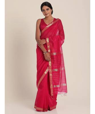 Suta Pink  Gold-Toned Solid Maheshwari Silk Saree 1
