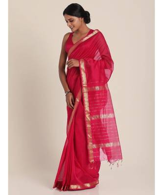 Suta Pink  Gold-Toned Solid Maheshwari Silk Saree 3