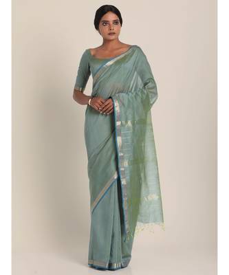 Suta Women Grey  Silver-Toned Cotton Silk Solid Saree 1