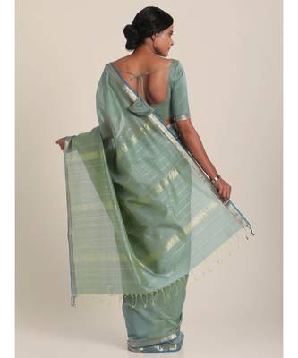 Suta Women Grey  Silver-Toned Cotton Silk Solid Saree 2