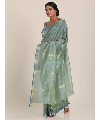 Suta Women Grey  Silver-Toned Cotton Silk Solid Saree 3