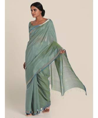 Suta Women Grey  Silver-Toned Cotton Silk Solid Saree 5