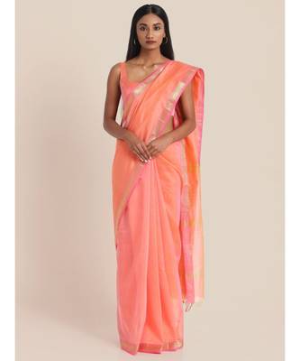 Suta Women Peach-Coloured  Gold-Toned Cotton Silk Solid Saree 1