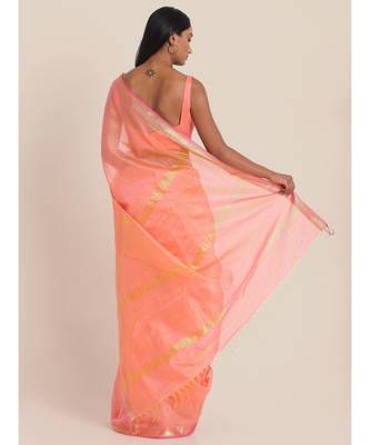 Suta Women Peach-Coloured  Gold-Toned Cotton Silk Solid Saree 2