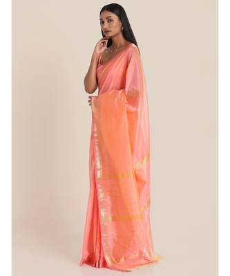 Suta Women Peach-Coloured  Gold-Toned Cotton Silk Solid Saree 3