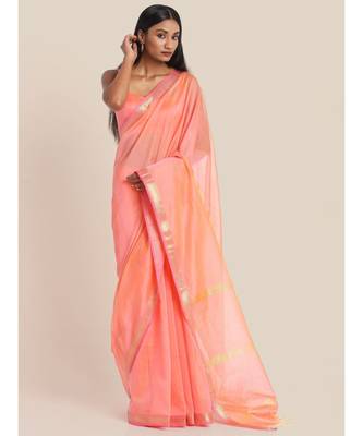 Suta Women Peach-Coloured  Gold-Toned Cotton Silk Solid Saree 5