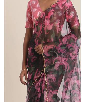 Suta Black  Magenta Floral Printed Organza Saree 2