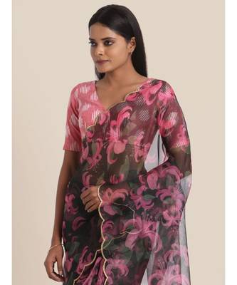 Suta Black  Magenta Floral Printed Organza Saree 3