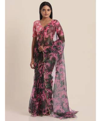 Suta Black  Magenta Floral Printed Organza Saree 1