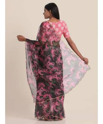 Suta Black  Magenta Floral Printed Organza Saree 5