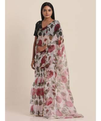 Suta White  Red Floral Organza Saree 4