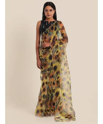 Suta Yellow  Black Floral Printed Organza Saree 1