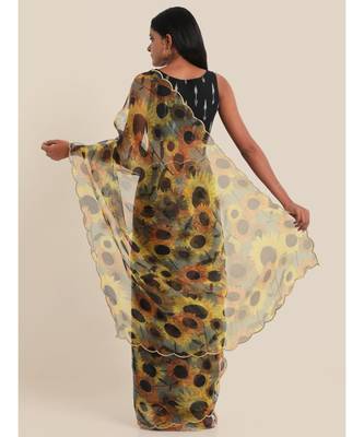 Suta Yellow  Black Floral Printed Organza Saree 2