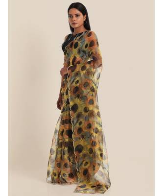 Suta Yellow  Black Floral Printed Organza Saree 3