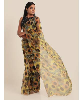 Suta Yellow  Black Floral Printed Organza Saree 5