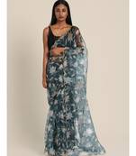 Suta Blue  White Floral Printed Organza Saree