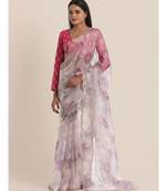 Suta Off White  Purple Floral Printed Organza Saree