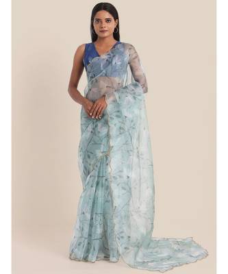 Suta Blue  Grey Floral Printed Organza Saree 1