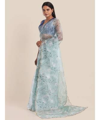 Suta Blue  Grey Floral Printed Organza Saree 3