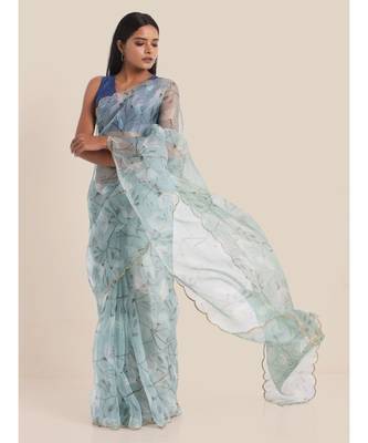 Suta Blue  Grey Floral Printed Organza Saree 5